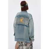 Unisex Jacket Embroidered Vintage Washed Denim Jacket Loose-Fitting Denim Clothes Jacket